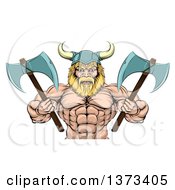 Poster, Art Print Of Cartoon Tough Muscular Blond Male Viking Warrior Holding Axes From The Waist Up