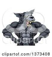 Poster, Art Print Of Firece Muscular Gray Wolf Man Mascot Flexing From The Waist Up