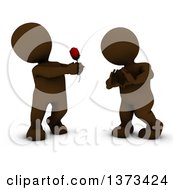 Poster, Art Print Of 3d Brown Man Giving A Woman A Rose As She Gestures A Heart On A White Background