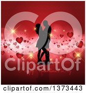 Poster, Art Print Of Happy Valentines Day Greeting Under A Silhouetted Couple On Red With Floating Hearts