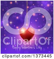 Poster, Art Print Of Happy Valentines Day Greeting Under A Suspended Heart Over Purple With Flares