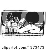 Poster, Art Print Of Black And White Woodcut Landscape Of A Castle And Mountains At Night