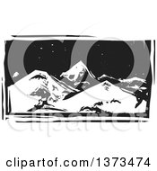 Poster, Art Print Of Black And White Woodcut Landscape Of Mountains At Night