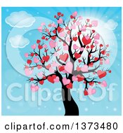 Poster, Art Print Of Valentines Day Tree With Pink And Red Heart Foliage Over Blue Sky