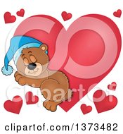 Poster, Art Print Of Cartoon Cute Brown Bear Sleeping Over Red Valentine Hearts