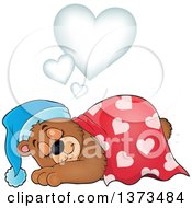 Poster, Art Print Of Cartoon Cute Brown Bear Sleeping And Dreaming Under Hearts