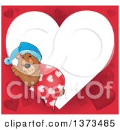 Poster, Art Print Of Valentine Heart Shaped Frame Of A Cute Brown Bear Sleeping With A Blanket And Night Cap