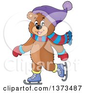 Poster, Art Print Of Happy Bear Ice Skating And Wearing Winter Accessories