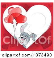 Poster, Art Print Of Heart Shaped Valentines Day Frame With A Happy Gray Bunny Rabbit Holding Balloons