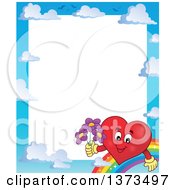 Poster, Art Print Of Border Of A Valentine Heart Character Holding Flowers Rainbow And Sky