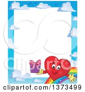 Poster, Art Print Of Sky And Rainbow Border With A Valentine Heart Character Holding A Gift