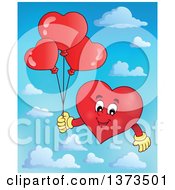 Poster, Art Print Of Valentine Heart Character Holding Balloons Over Sky