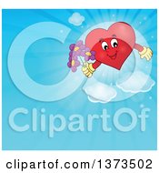 Clipart Of A Valentine Heart Character Holding Flowers Over A Blue Sky Royalty Free Vector Illustration