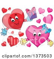 Poster, Art Print Of Valentine Heart Character Holding A Gift And A Pink Female Heart