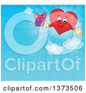 Poster, Art Print Of Valentine Heart Character Holding A Gift Over A Blue Sky