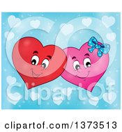Clipart Of A Valentine Heart Character Couple Over Blue Royalty Free Vector Illustration