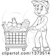 Poster, Art Print Of Cartoon Black And White Man Pushing A Shopping Cart Full Of Groceries
