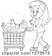Poster, Art Print Of Cartoon Black And White Happy Woman Pushing A Shopping Cart Full Of Groceries