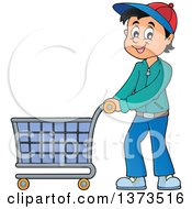 Cartoon Happy White Man Pushing A Shopping Cart