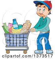 Poster, Art Print Of Cartoon Happy White Man Pushing A Shopping Cart Full Of Groceries