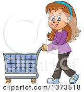 Poster, Art Print Of Cartoon Happy White Woman Pushing A Shopping Cart