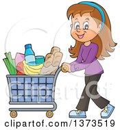 Cartoon Happy White Woman Pushing A Shopping Cart Full Of Groceries