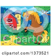 Poster, Art Print Of Blond And Brown Horse Rearing Near A Barn And Silo