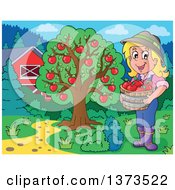 Happy White Female Farmer Holding A Bushel Of Apples Near A Tree And Barn