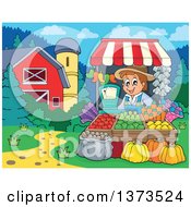 Poster, Art Print Of Happy White Male Farmer Selling Produce At A Stand Near A Barn And Silo