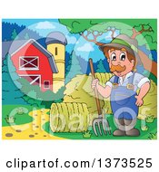 Poster, Art Print Of Happy White Male Farmer Standing With A Pitchfork By Rolls Of Hay And A Barn