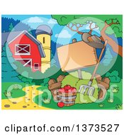Poster, Art Print Of Blank Sign Hay Pitchfork And Apples By A Barn And Silo