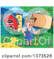 Poster, Art Print Of Happy White Male Farmer Holding A Blank Sign Near A Barn