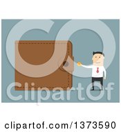 Clipart Of A Flat Design White Business Man Inserting A Coin Into A Giant Wallet On Blue Royalty Free Vector Illustration by Vector Tradition SM