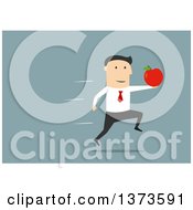 Poster, Art Print Of Flat Design White Business Man Sprinting With An Apple On Blue