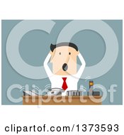 Poster, Art Print Of Flat Design Stressed White Business Man At A Desk With Ringing Phones On Blue