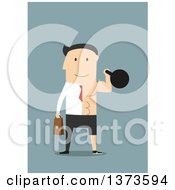 Clipart Of A Flat Design White Business Man Half Ready To Work Half Working Out With A Kettle Bell On Blue Royalty Free Vector Illustration by Vector Tradition SM