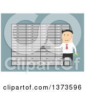 Clipart Of A Flat Design White Business Man Using A Safety Deposit Box On Blue Royalty Free Vector Illustration by Vector Tradition SM