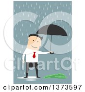Poster, Art Print Of Flat Design White Business Man Holding An Umbrella Over Cash In The Rain On Blue