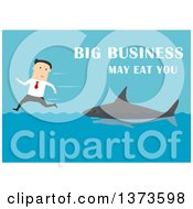 Clipart Of A Flat Design Big Business May Eat You Shark Chasing A White Business Man On Blue Royalty Free Vector Illustration