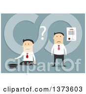 Clipart Of A Flat Design White Business Man Shown Fired And Broke On Blue Royalty Free Vector Illustration