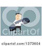 Poster, Art Print Of Flat Design White Business Man Holding A Telephone Receiver On Blue