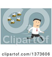 Poster, Art Print Of Flat Design White Business Man Being Chased By Bees On Blue