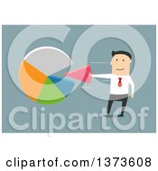 Poster, Art Print Of Flat Design White Business Man Inserting A Piece Into A Pie Chart On Blue