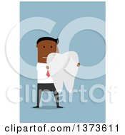 Poster, Art Print Of Flat Design Black Business Man Holding A Giant Tooth On Blue