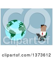 Poster, Art Print Of Flat Design Black Business Man Using A Laptop Wired To Earth On Blue