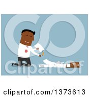 Clipart Of A Flat Design Black Business Man Lighting Documents On Fire On Blue Royalty Free Vector Illustration