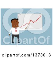 Poster, Art Print Of Flat Design Black Business Man Discussing A Growth Chart On Blue