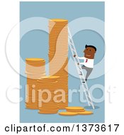 Poster, Art Print Of Flat Design Black Business Man Climbing Stacks Of Coins With A Ladder On Blue