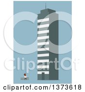 Poster, Art Print Of Flat Design Black Business Man Looking Up At A Giant Building On Blue