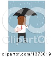 Poster, Art Print Of Flat Design Black Business Man Holding A Piggy Bank And Umbrella In The Rain On Blue